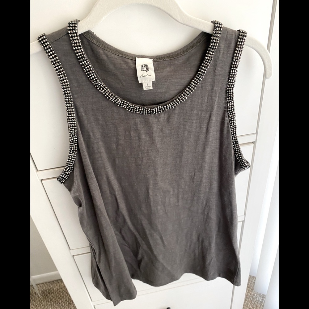 Embellished gray slub tank top